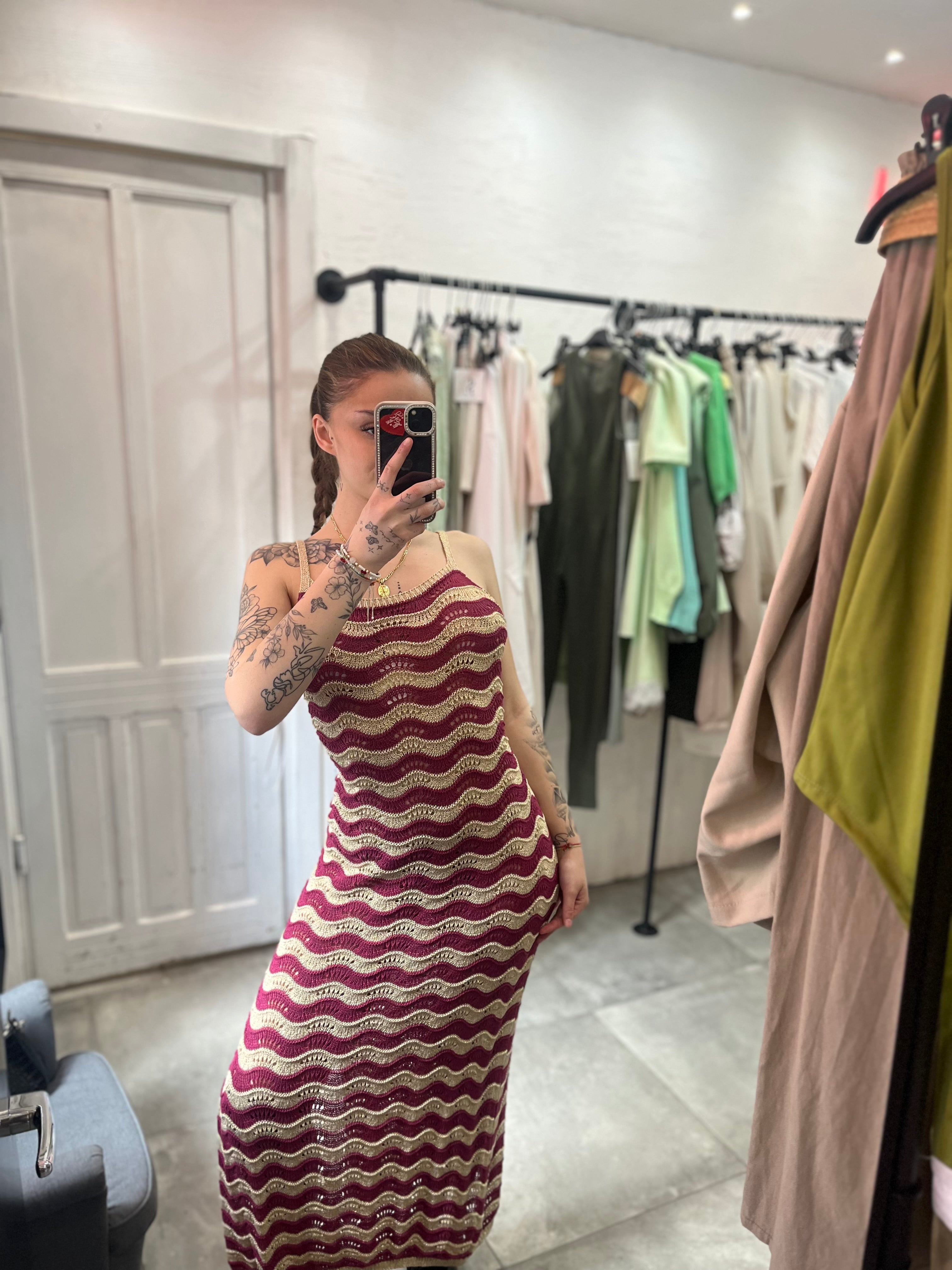 Abito Lungo Crochet a Onde Bordeaux e Panna