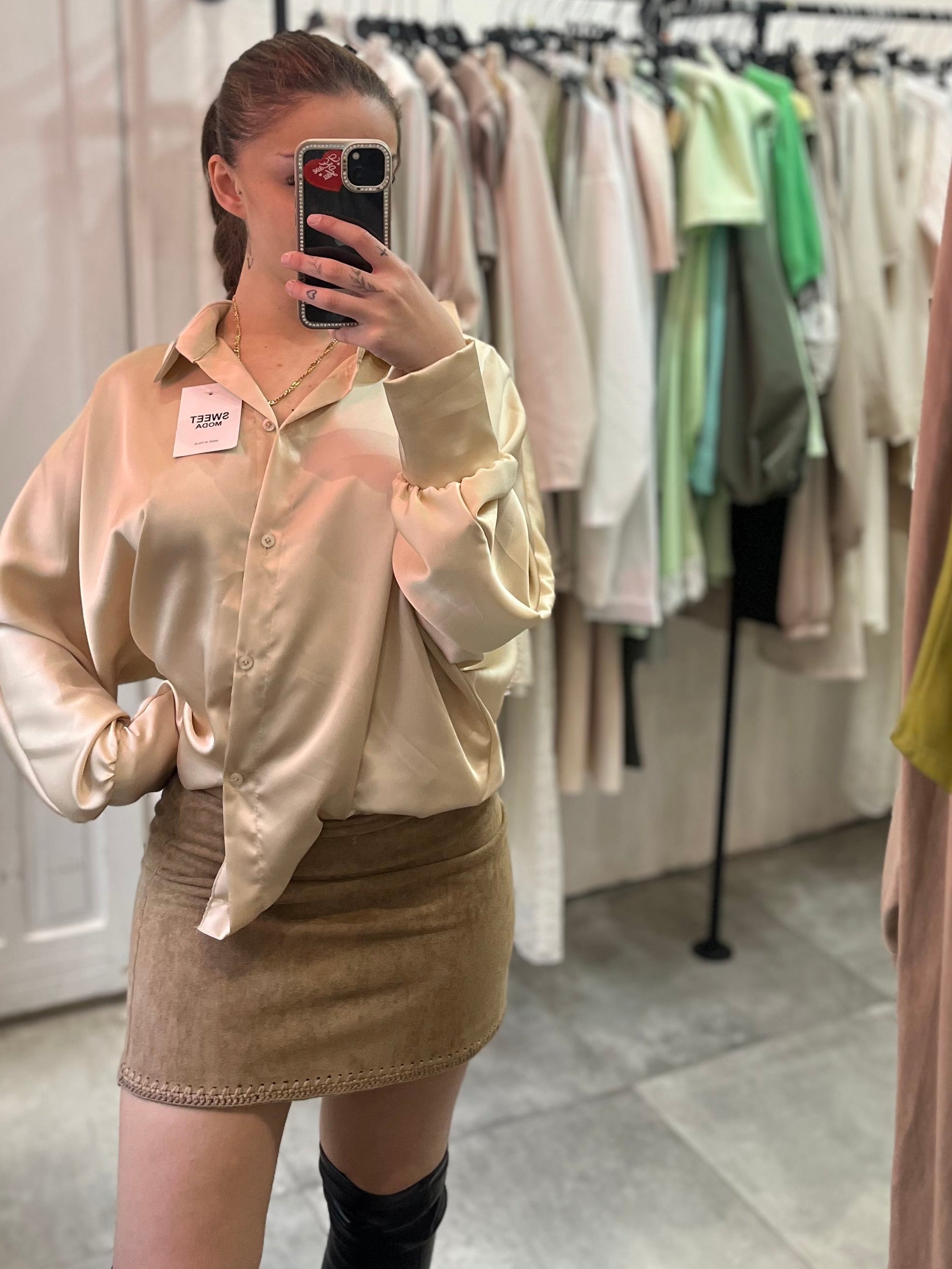 Mini Gonna Effetto Suede Camel