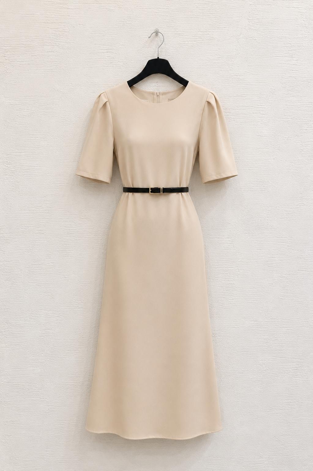 Abito Midi Beige con Maniche a Sbuffo