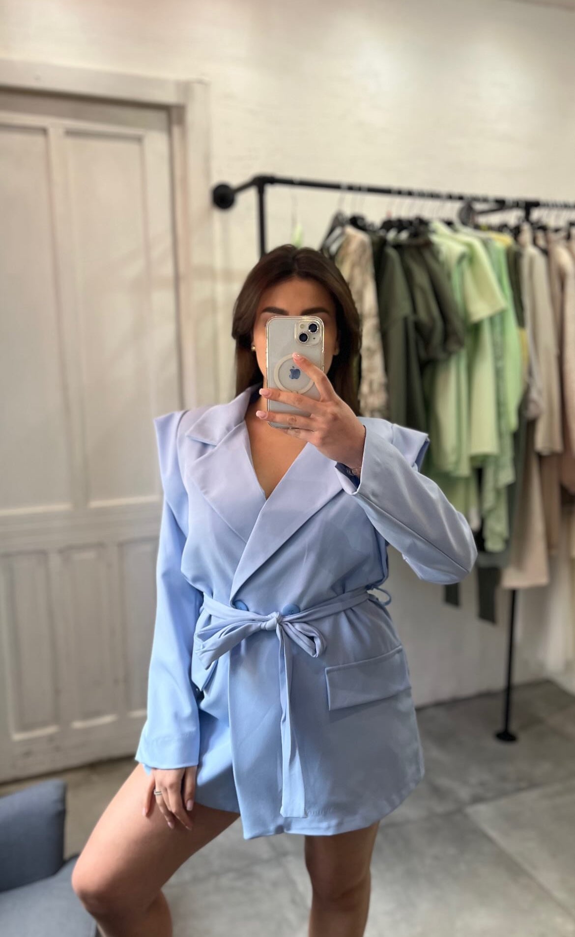 Blazer Doppiopetto con Cintura Celeste
