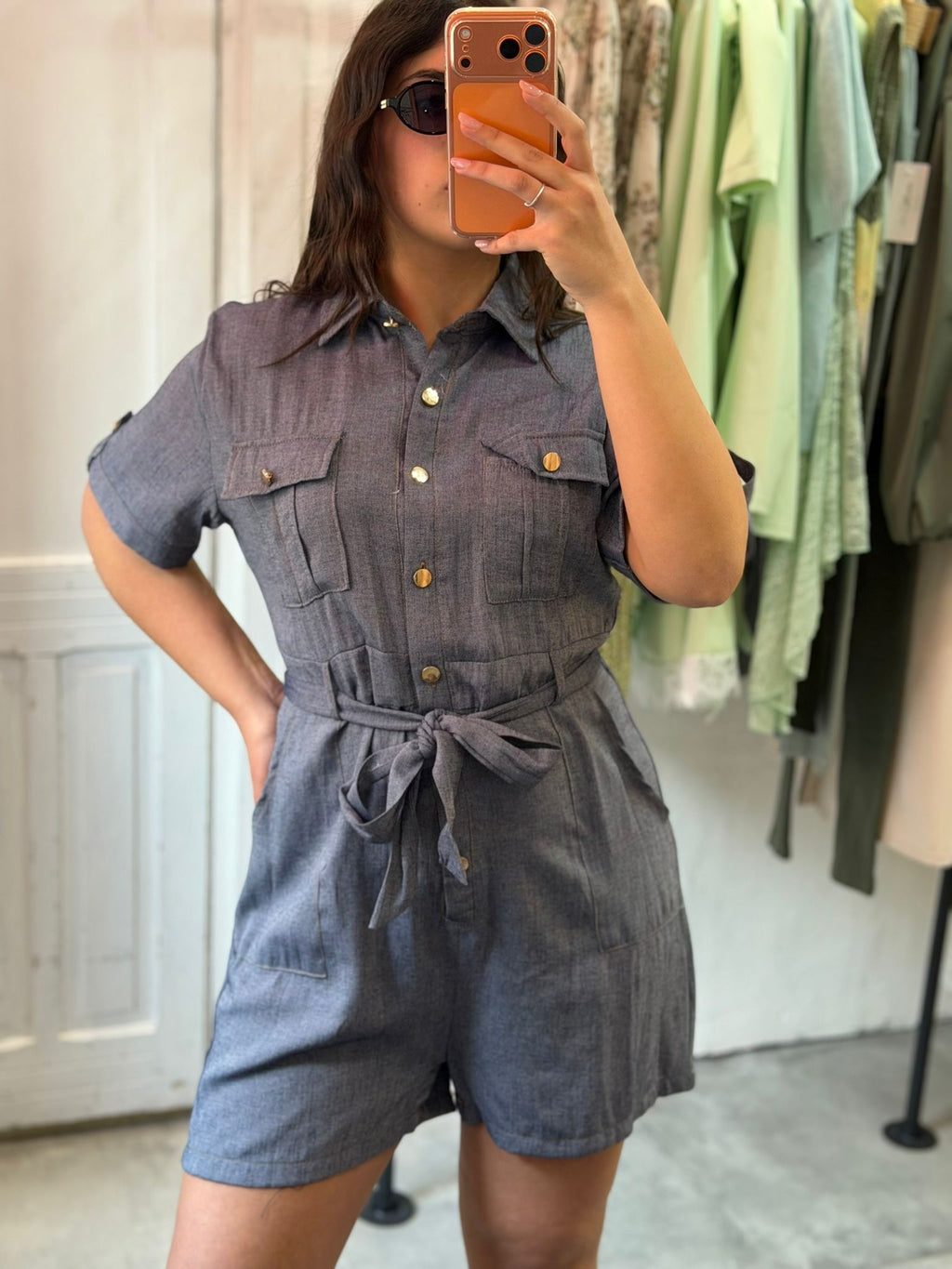 Tutina Corta Effetto Denim