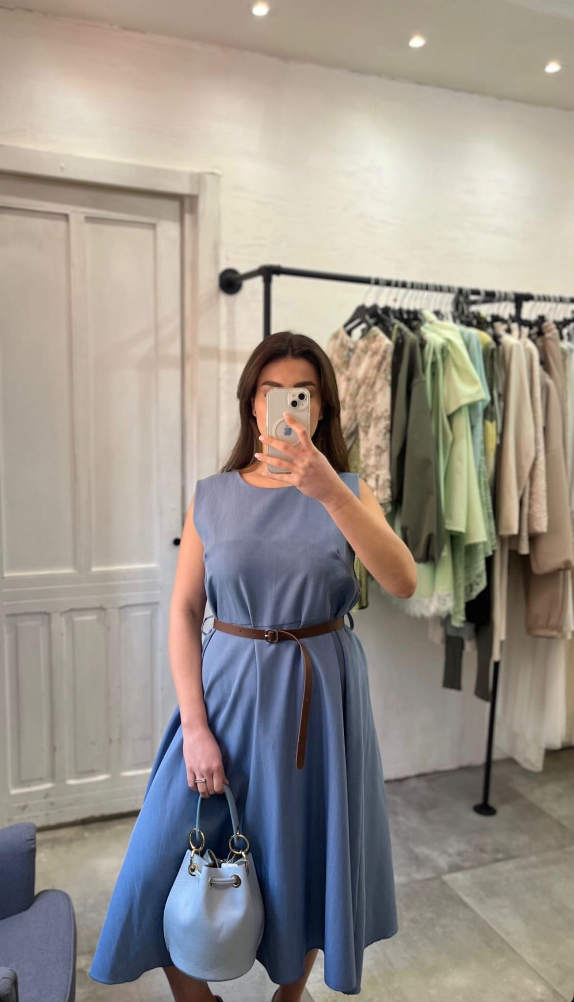Vestito Midi Blu Avio con Cintura