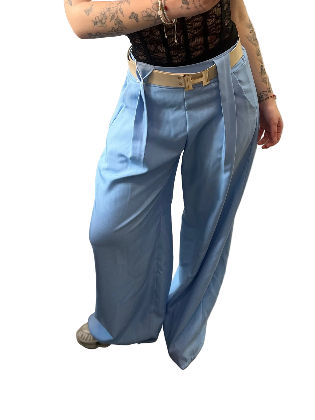 Pantaloni Palazzo Celeste con Cintura