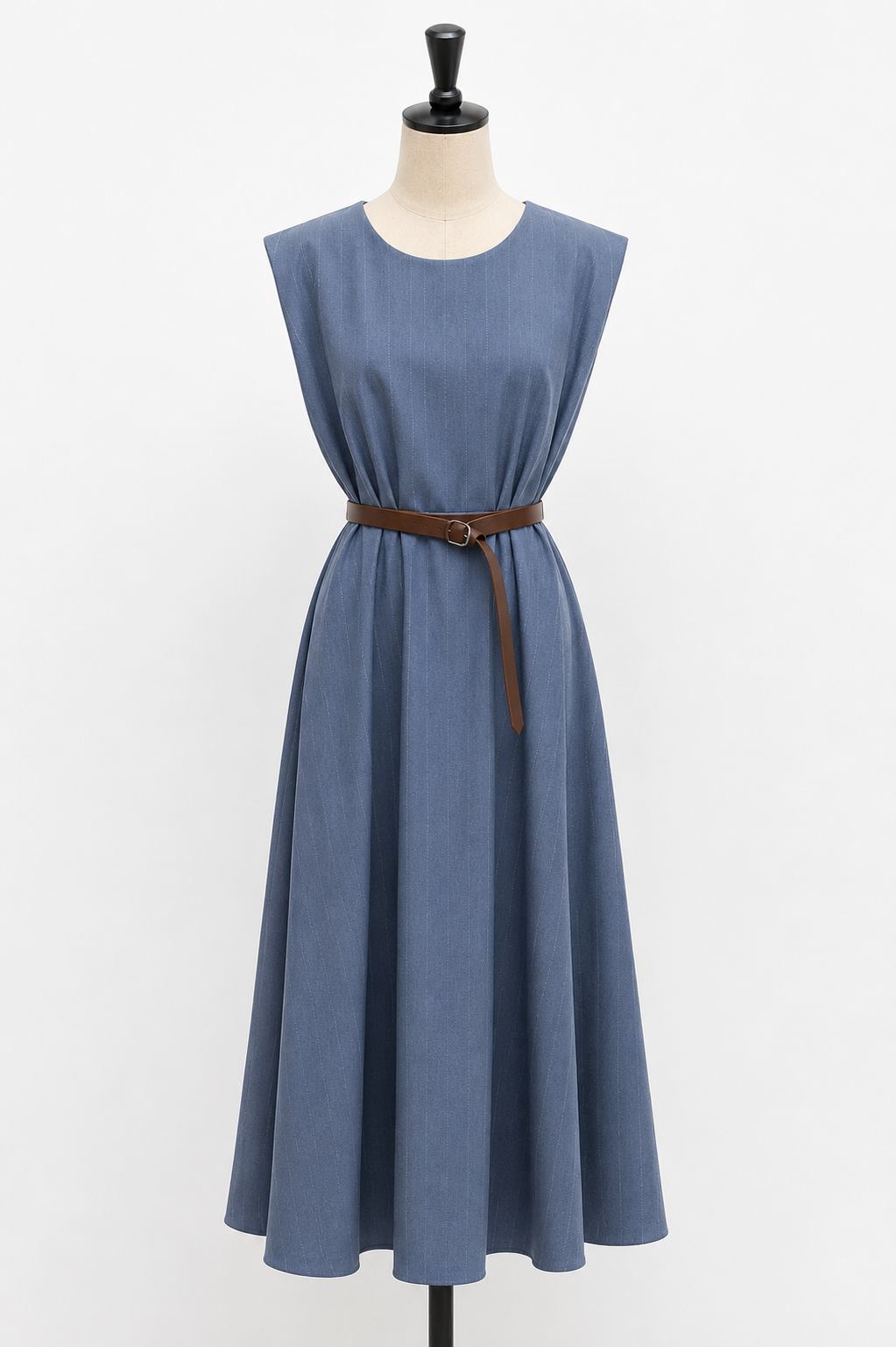 Vestito Midi Blu Avio con Cintura