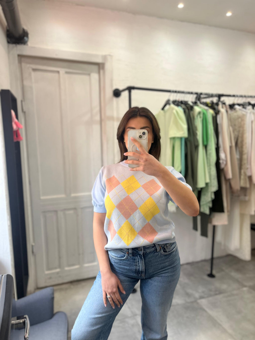 Maglia Celeste con Motivo Argyle Pastello