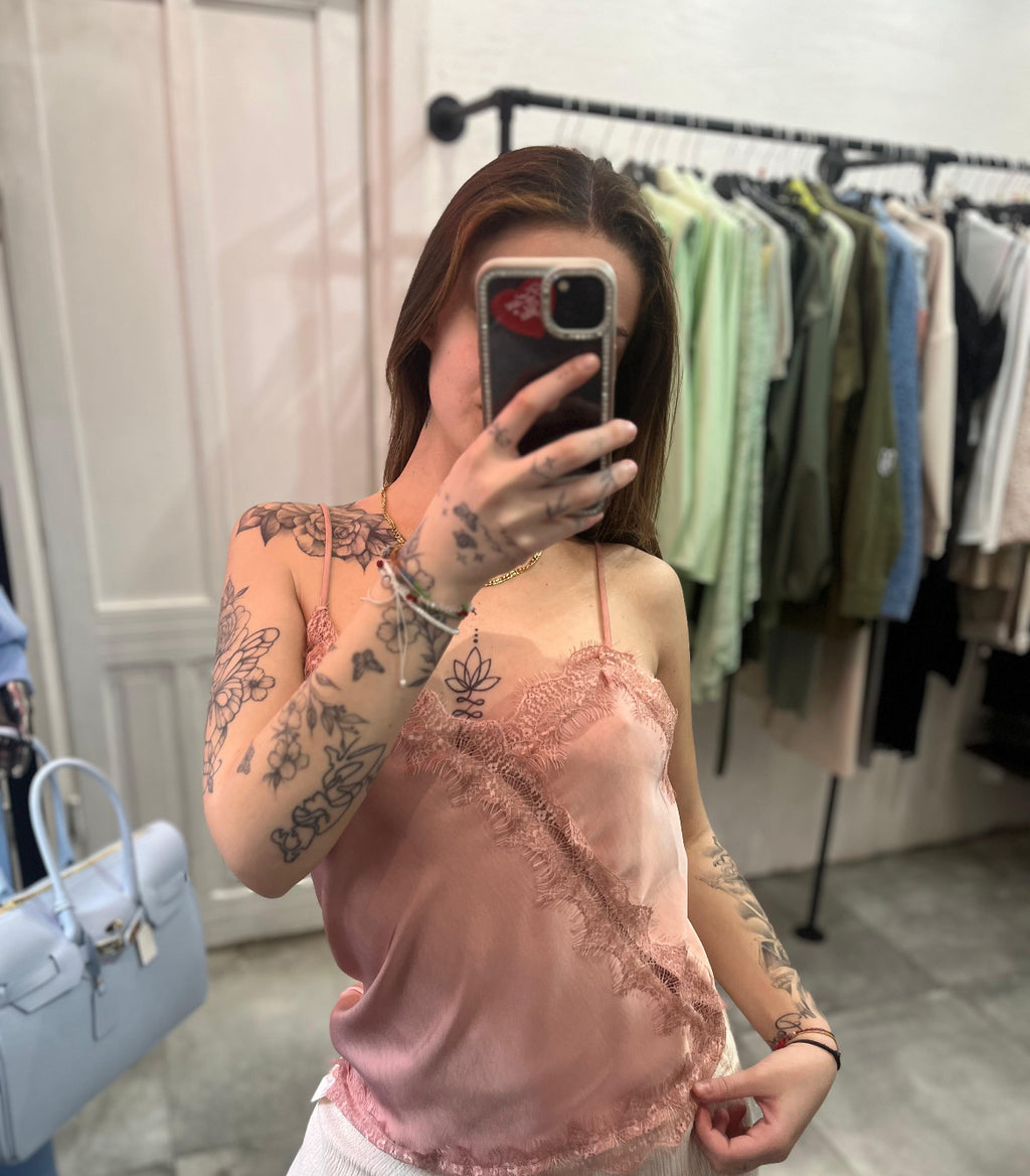Top Lingerie Satinato con Pizzo, Rosa Antico