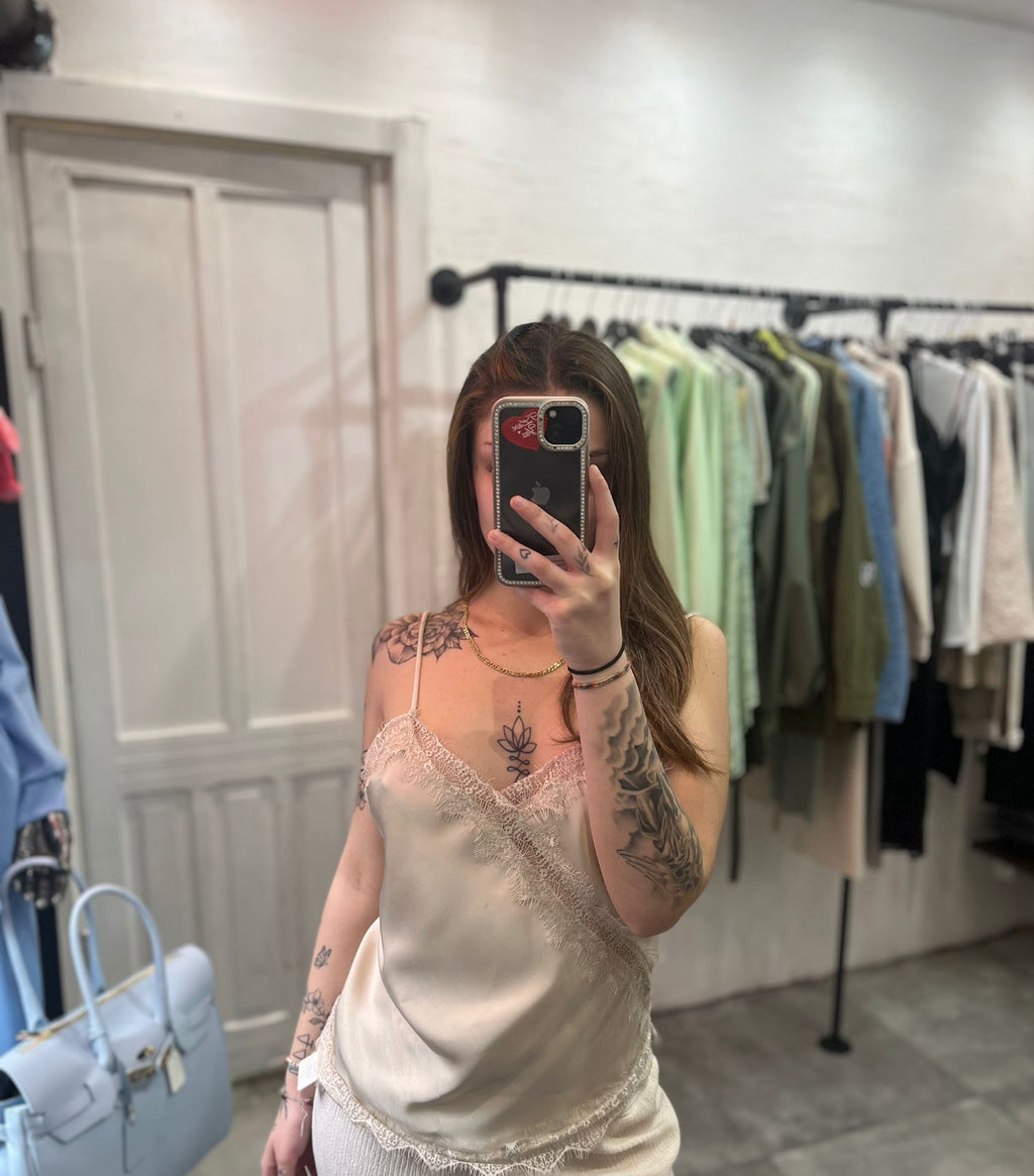 Top Satinato con Pizzo Beige