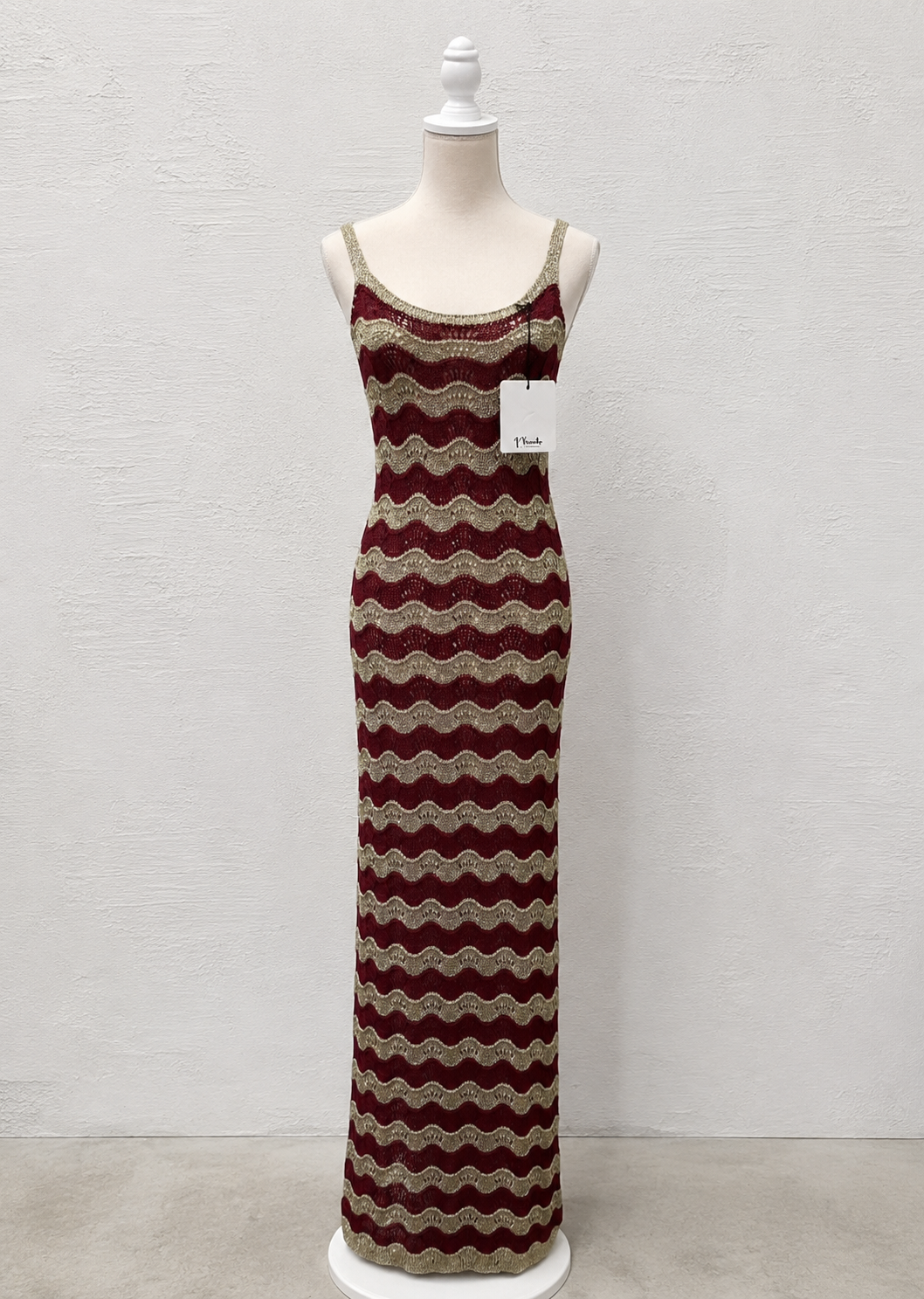 Abito Lungo Crochet a Onde Bordeaux e Panna