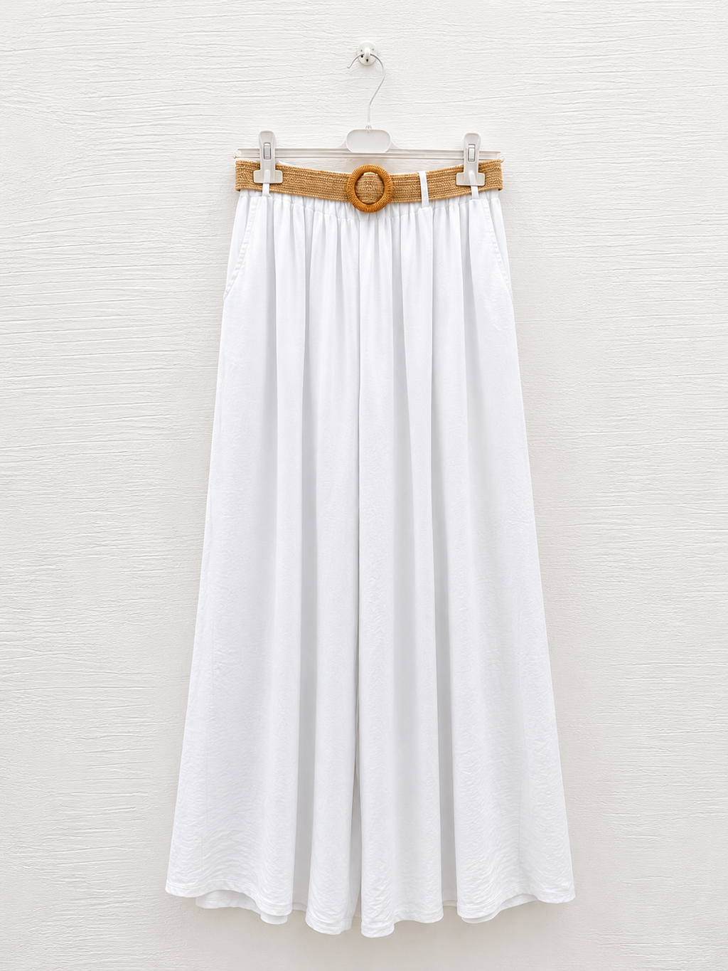 Pantalone Palazzo in Lino Bianco con Cintura Intrecciata
