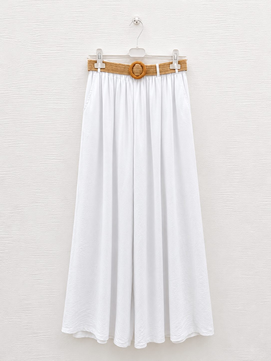 Pantalone Palazzo in Lino Bianco con Cintura Intrecciata