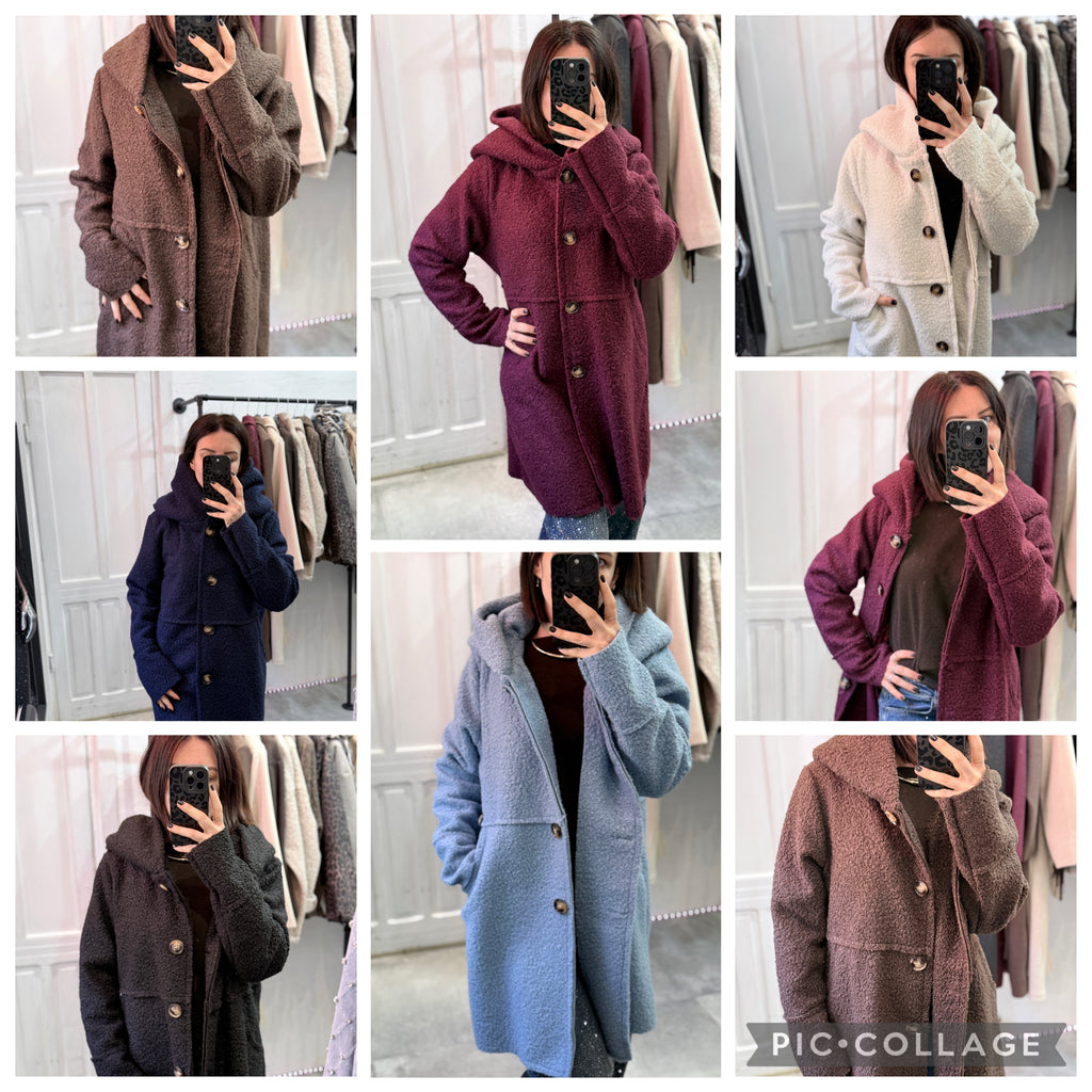 Cappotto teddy con cappuccio e bottoni