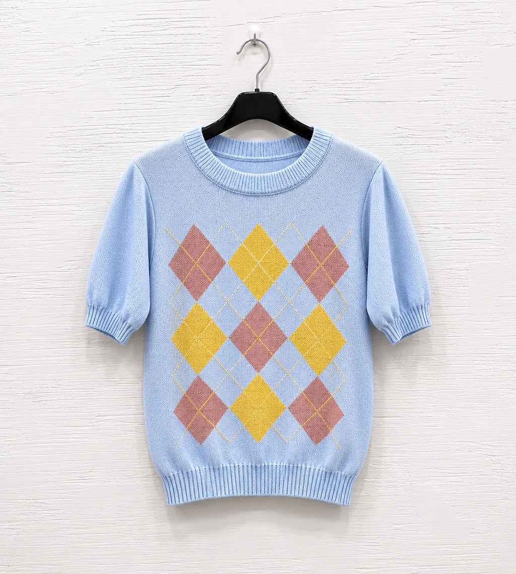 Maglia Celeste con Motivo Argyle Pastello
