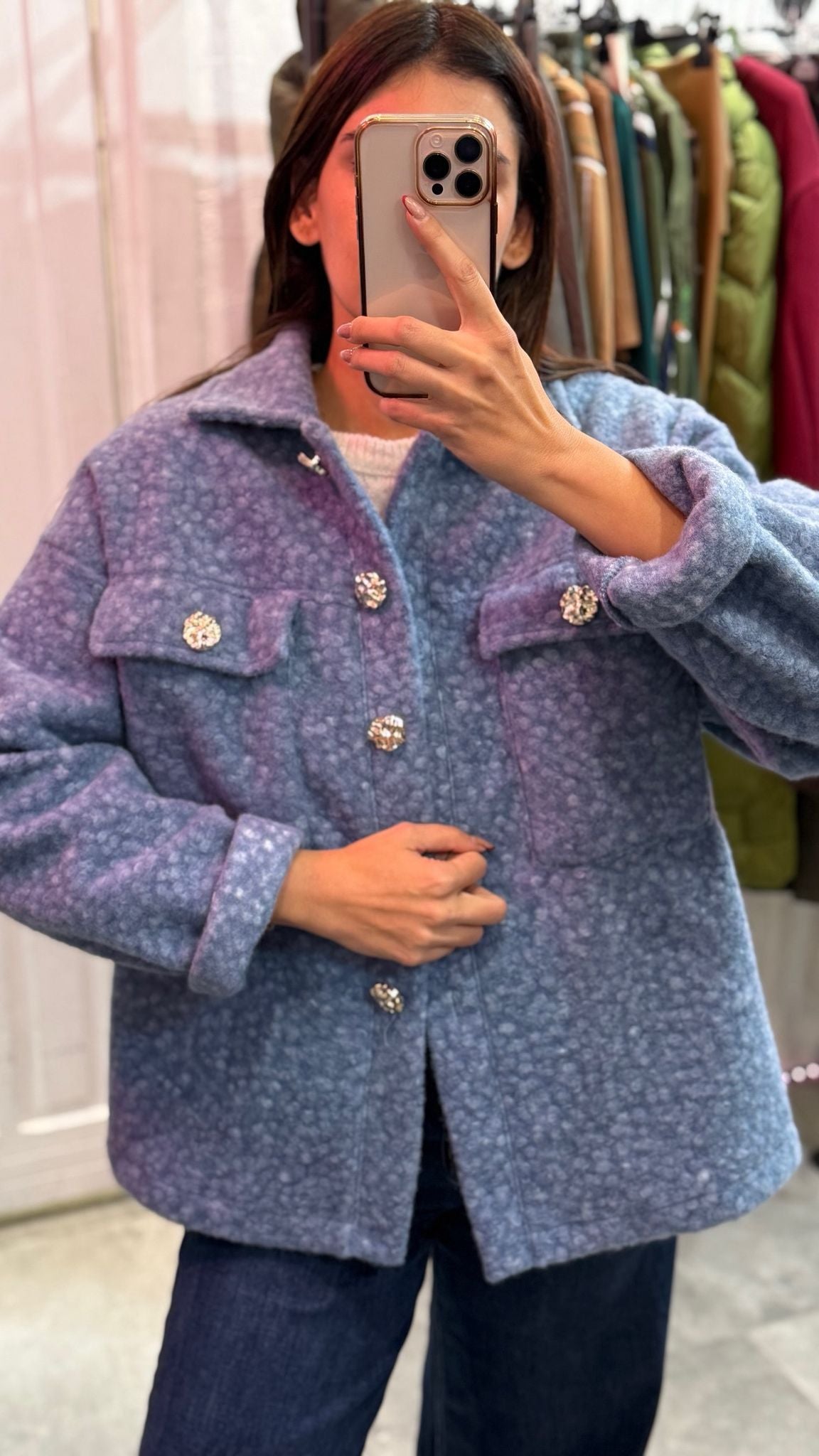 Giacca teddy con bottoni oro