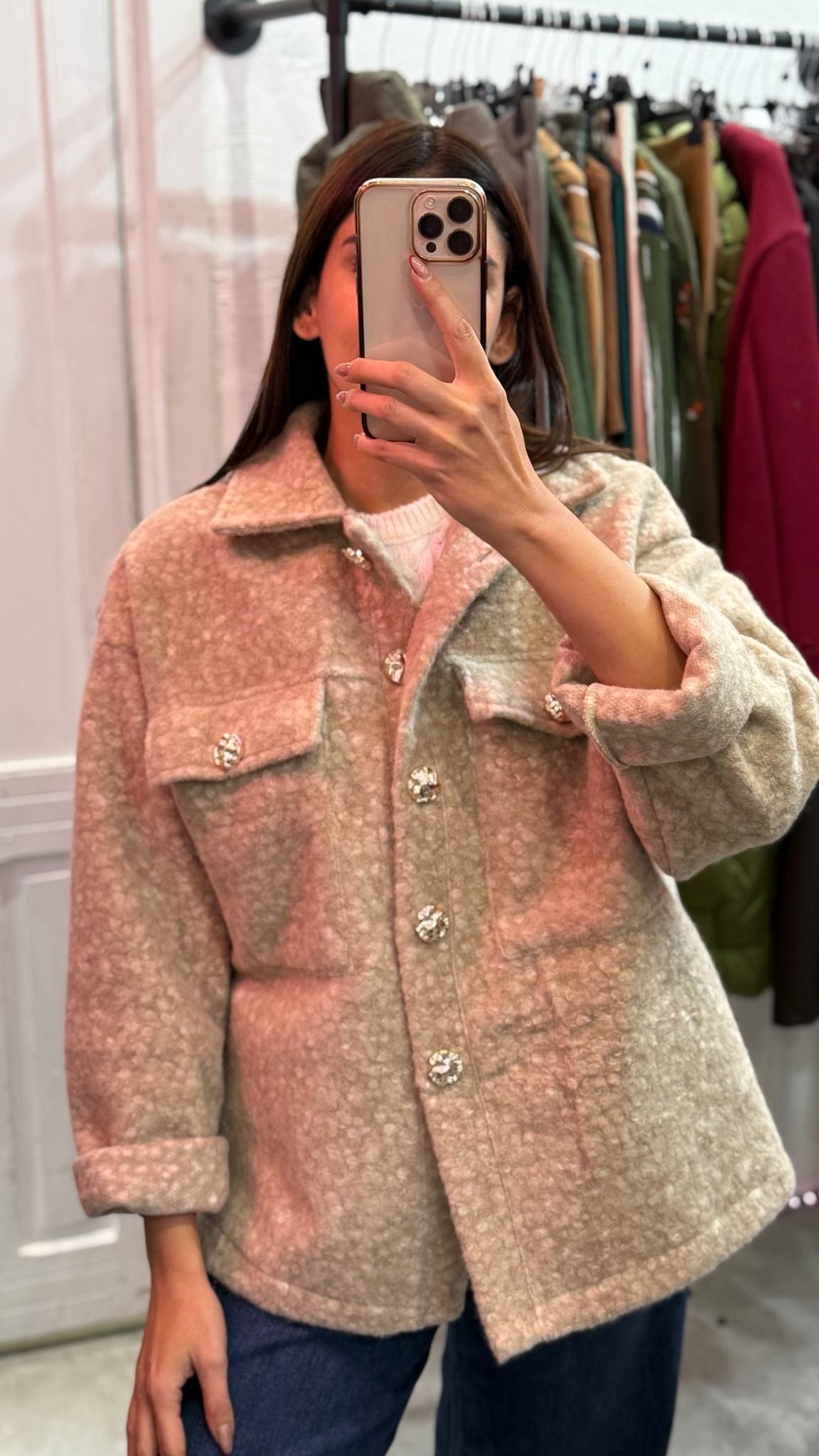 Giacca teddy con bottoni oro